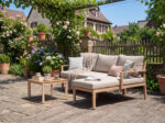 Modern Outdoor Chaise Sofa Set with Wood Grain Finish & Square Coffee Table 52551