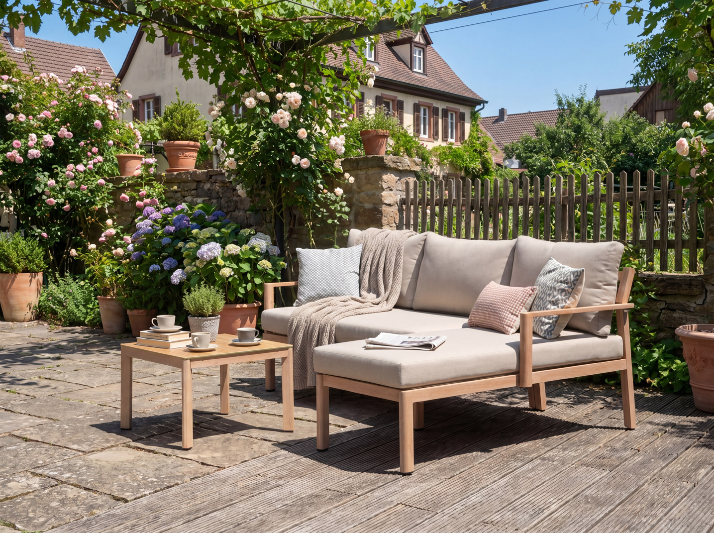 52551-3HT-Chaise-lounge-set-s2 Modern Outdoor Chaise Sofa Set with Wood Grain Finish & Square Coffee Table 52551 - Image 1