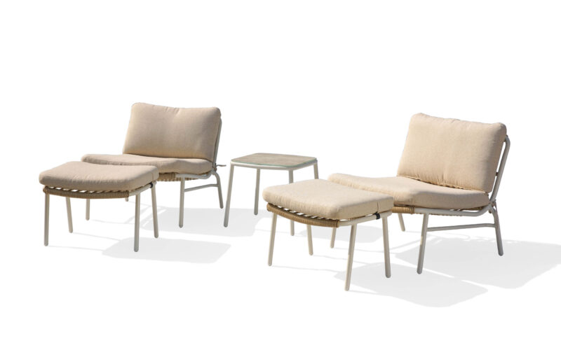 4290 armless outdoor lounge set with two armless chairs, two ottomans and square coffee table featuring handcrafted round rattan and aluminum frame