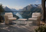 Outdoor armchairs with round aluminum frame and square coffee table