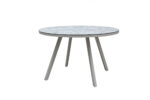 Modern outdoor round dining table with a powder-coated aluminum frame and tempered glass tabletop
