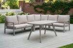 Modern outdoor corner dining sofa with printed tempered glass table for patio and garden